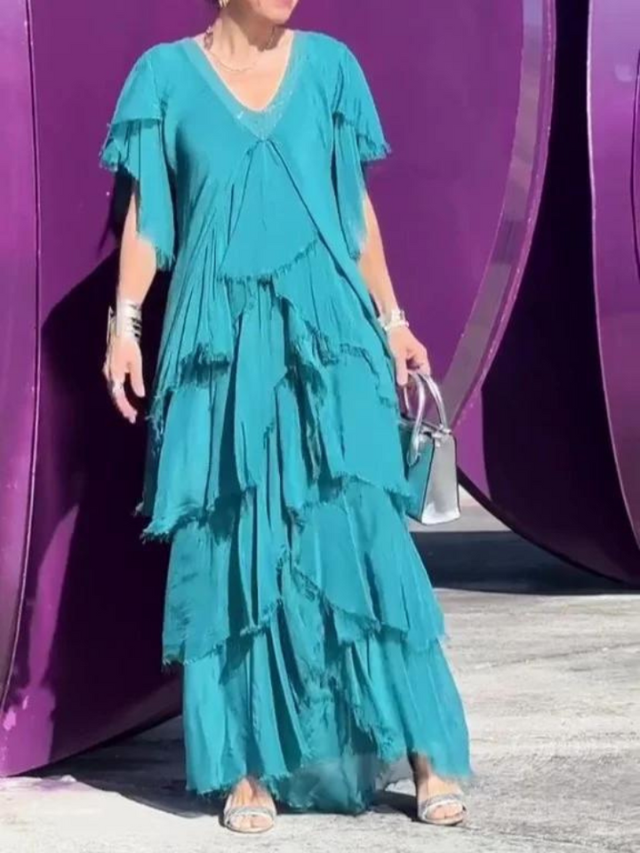 SAVANE | Lange Vloeiende Jurk met Elegante V-Hals