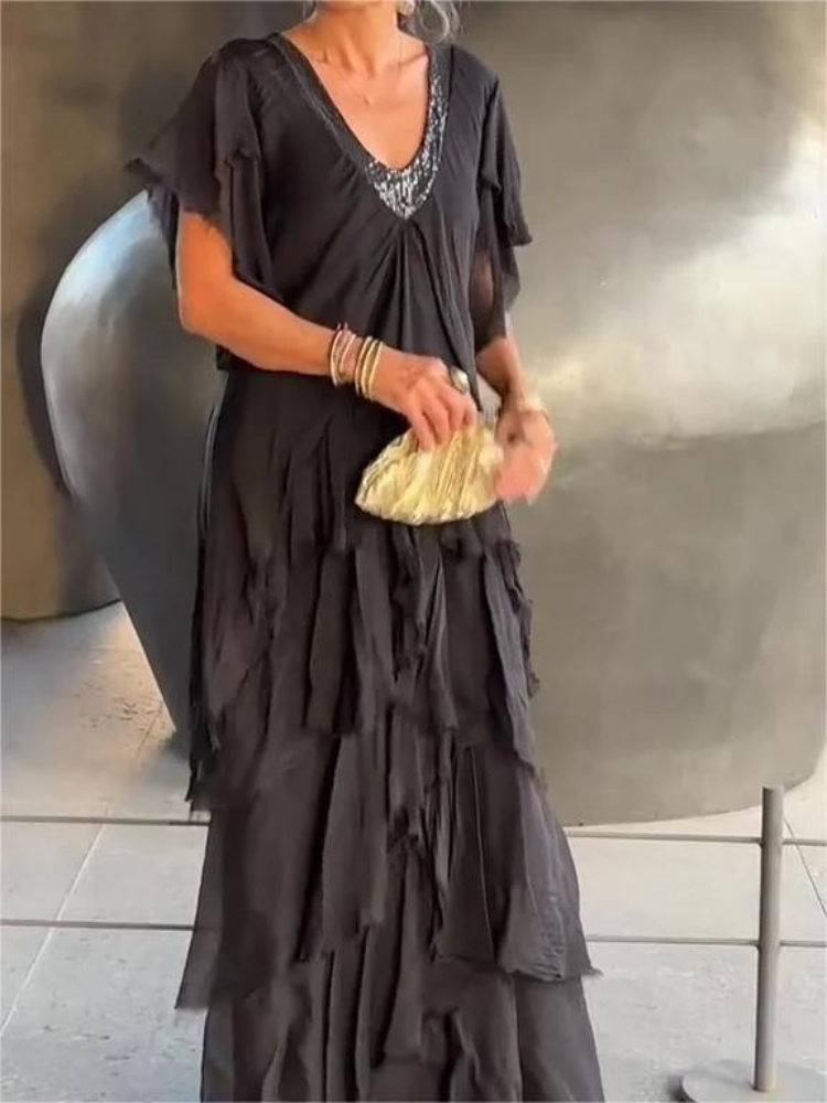 SAVANE | Lange Vloeiende Jurk met Elegante V-Hals