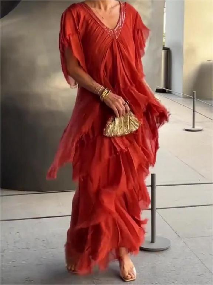 SAVANE | Lange Vloeiende Jurk met Elegante V-Hals