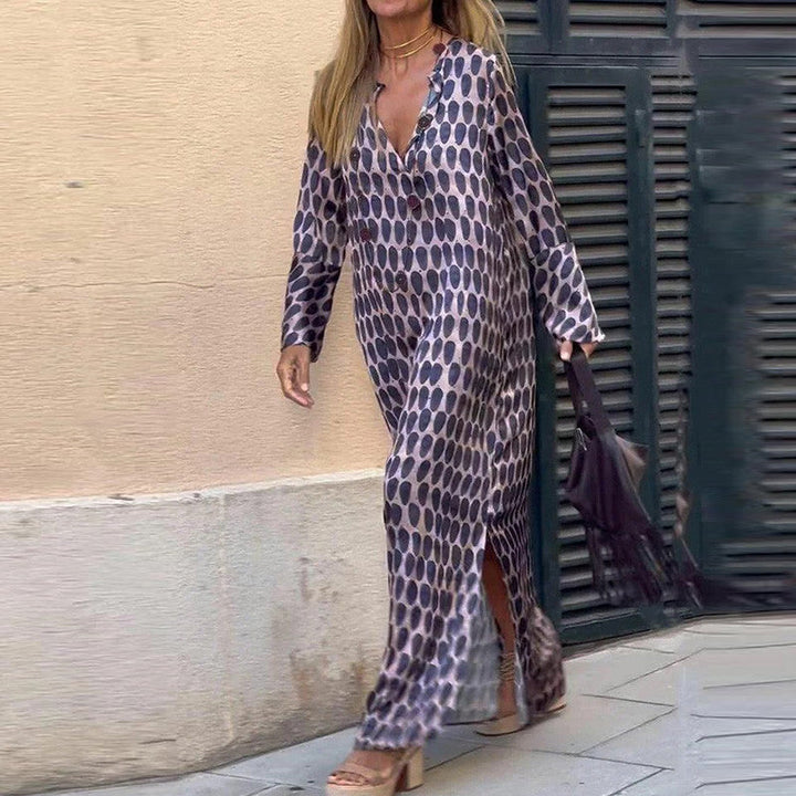 GABRIELLA | Lange Jurk met Geometrische Print en Elegante Snit voor Elke Gelegenheid