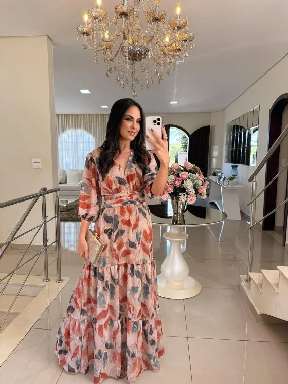 CLAUDIA | Lange Bloemenjurk met Comfortabele Pasvorm voor Elegante Dagen