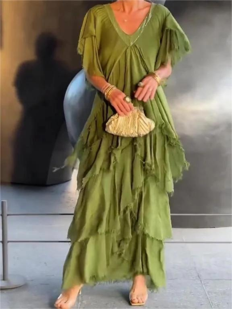 SAVANE | Lange Vloeiende Jurk met Elegante V-Hals