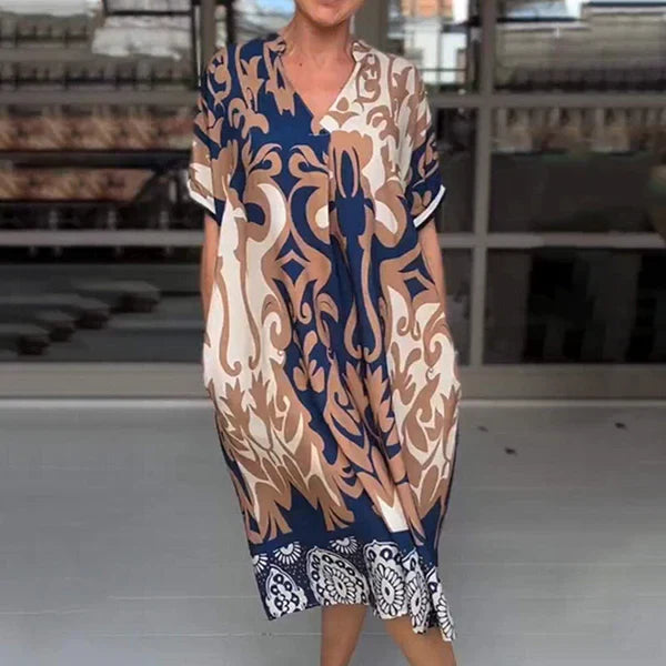 AMALIA | Midi-jurk met Zachte Snit, Artistieke Print en V-hals voor Stijlvolle en Comfortabele Dagen