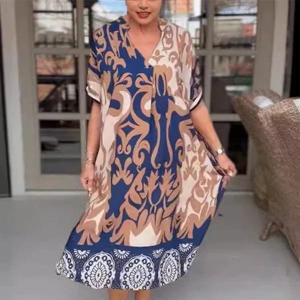 AMALIA | Midi-jurk met Zachte Snit, Artistieke Print en V-hals voor Stijlvolle en Comfortabele Dagen