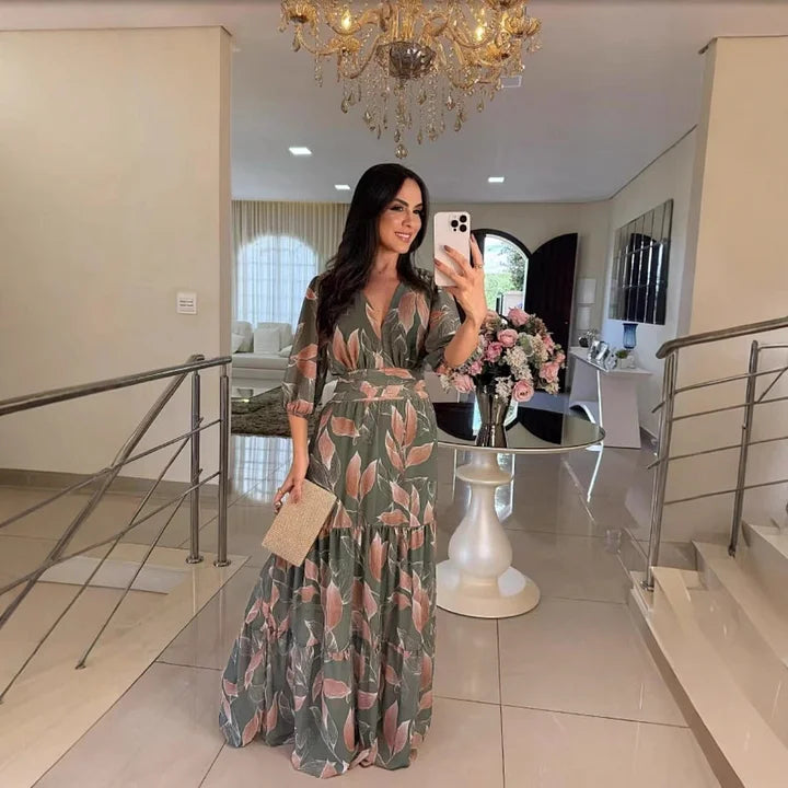 CLAUDIA | Lange Bloemenjurk met Comfortabele Pasvorm voor Elegante Dagen