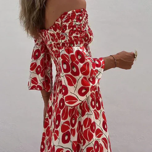 MILANI | Lange Bardot Jurk met Gedefinieerde Taille en Bloemenprint voor Zonnige Dagen en Elegante Evenementen