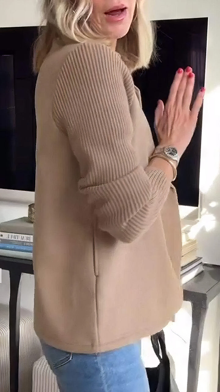 CLAIRE | Lange Cardigan met Patchwork Mouwen, Trendy en Chic