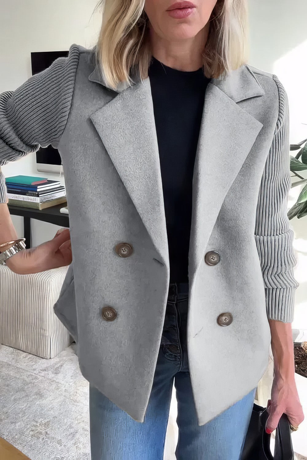 CLAIRE | Lange Cardigan met Patchwork Mouwen, Trendy en Chic